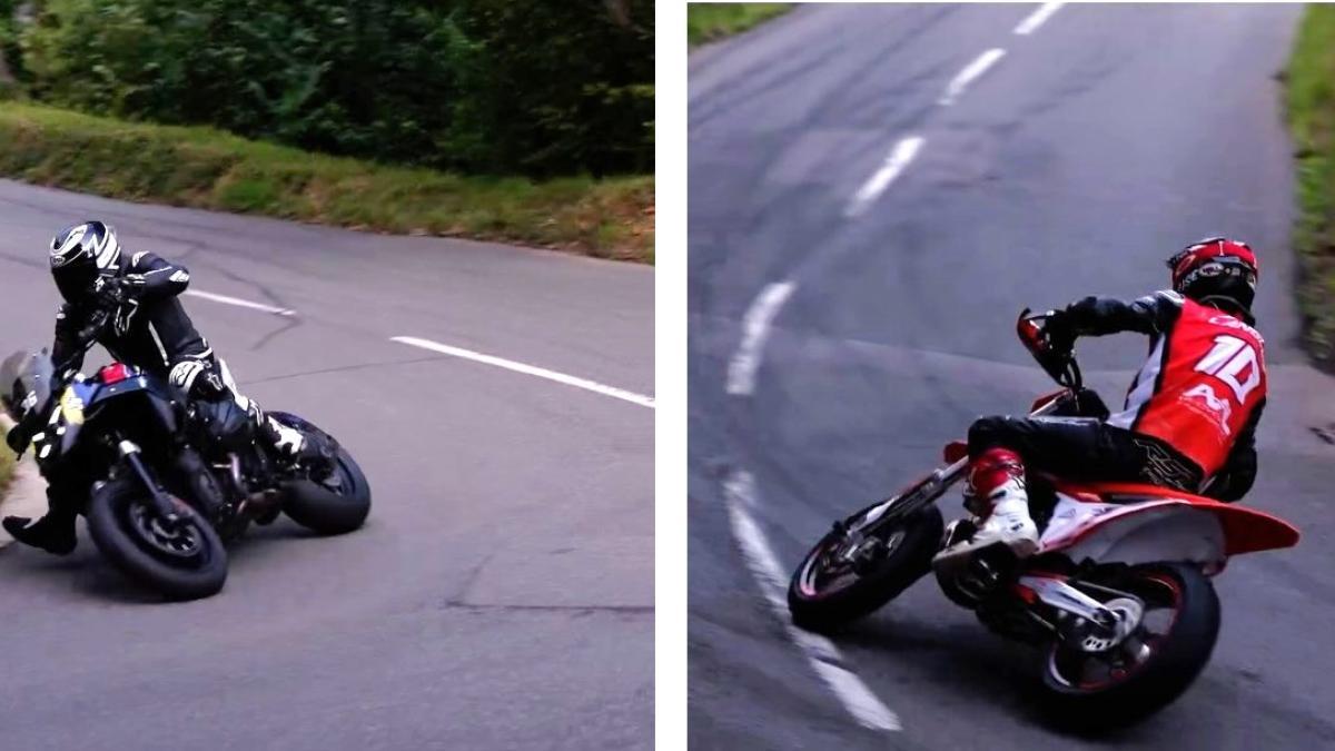 Duelo entre una BMW R 1300 GS y una KTM 250 de supermotard en una carrera en cuesta, y el resultado es alucinante